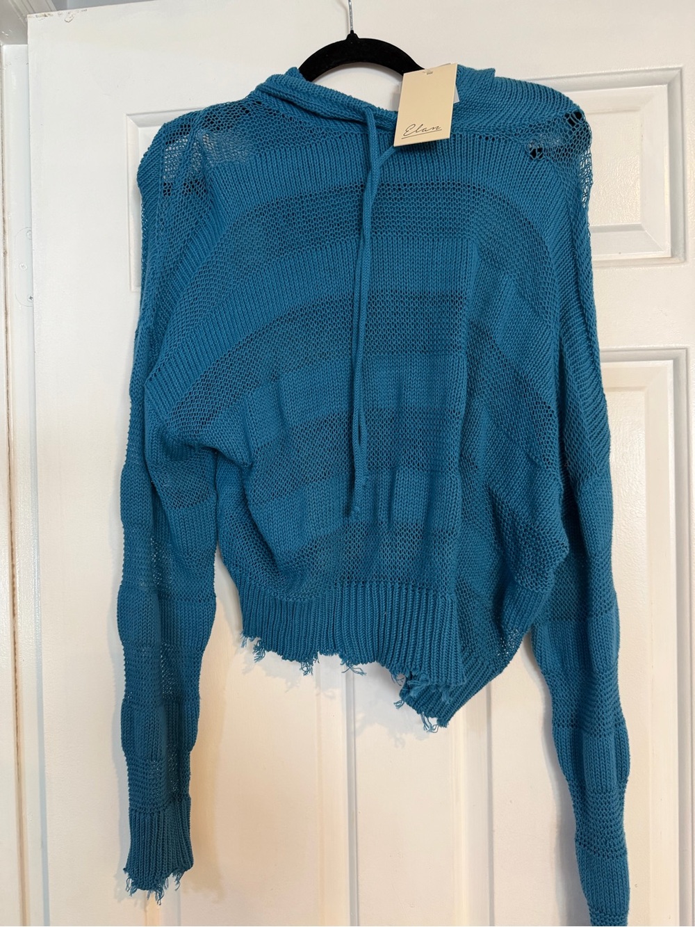 Elan Teal Distressed Hooded Knit Sweater